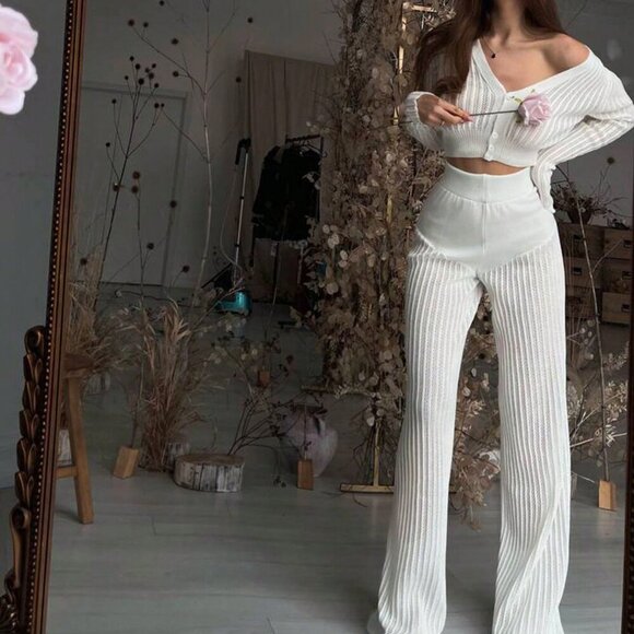 White Boho Women's Knit Sheer Hollow Top And High Waist Pants 2-Piece Suit set - Picture 2 of 6